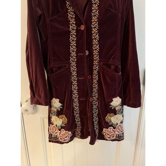 Johnny Was Embroidered Velvet Coat Jacket S Burgundy Floral Boho Style Sz Small - Picture 3 of 8